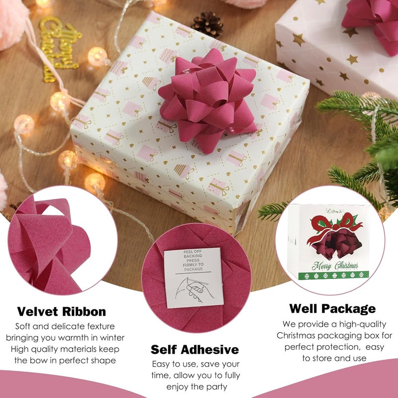 LiBongTa 4.5 Inch Hot Pink Velvet Ribbon Gift Bow, Premade Valentines Bows for Gift Wrapping Self Adhesive, Pink Bow Party Decorations, Wrapping Bows for Presents, Holiday, Wedding, Birthday-12 Counts - Image 3